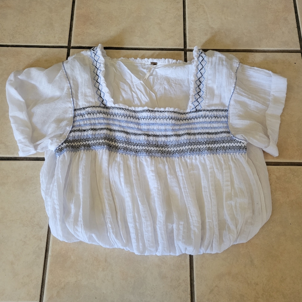 Free People White and Blue Embroidered Women's Top